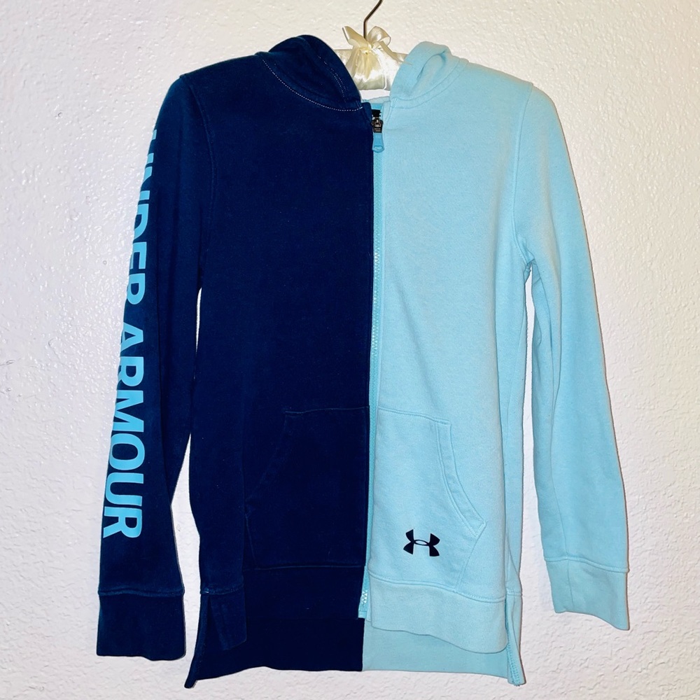 Under armor zip up hoodie navy blue light blue youth large